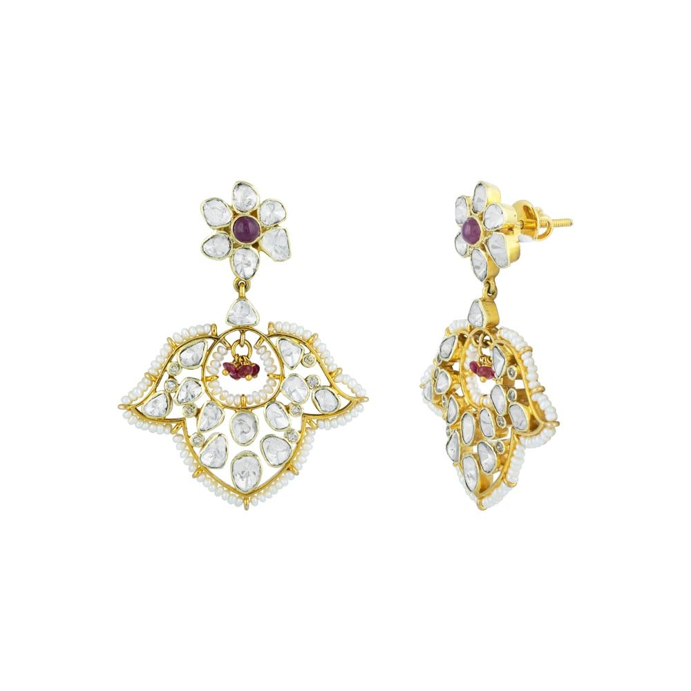 Floral Polki Earrings with Red Accent & Pearl Beads